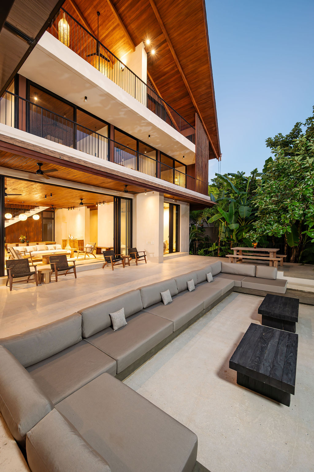 Shaded outdoor lounge overlooking the garden
