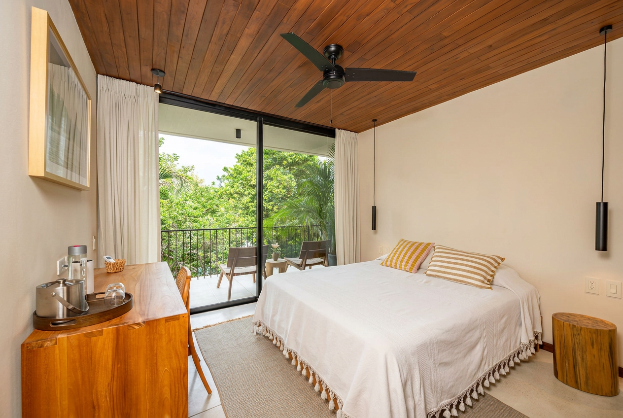 Suite Two — queen bed facing the balcony and the trees beyond