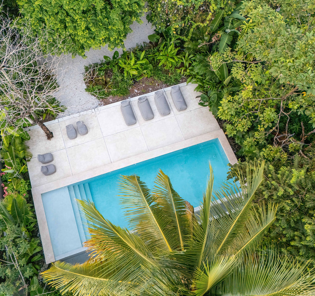 Aerial view of the pool deck and gardens at Casa Aguacate