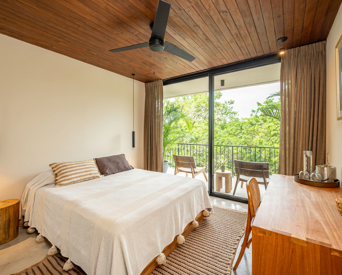 Suite Three — queen bed with green light from the garden side of the house