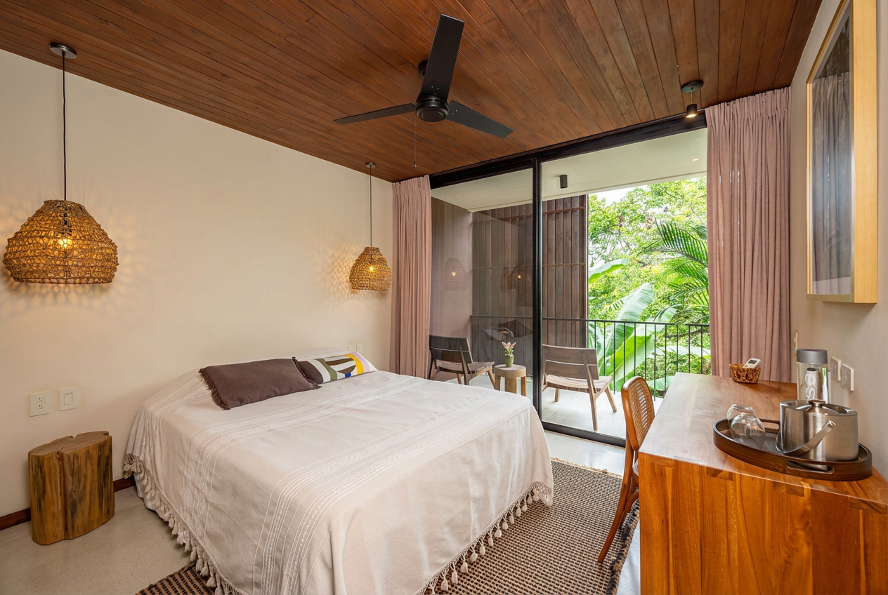 Suite One — queen bed beneath the timber ceiling with the balcony doors open